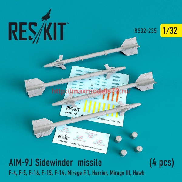 RS32-0235   AIM-9J Sidewinder  missile (4 pcs) F-4, F-5, F-16, F-15, F-14, Mirage F.1, Harrier, Mirage III, Hawk (thumb58108)