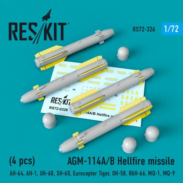 RS72-0326   AGM-114A/B Hellfire missiles (4 pcs) (AH-64, AH-1, UH-60, SH-60, Eurocopter Tiger, OH-58, RAH-66, MQ-1, MQ-9)  (1/72) (thumb67173)