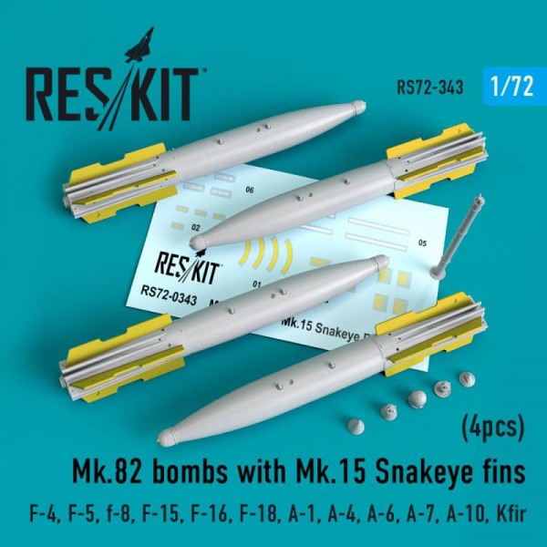 RS72-0343   Mk.82 bombs with Mk.15 Snakeye fins (4pcs) (F-4, F-5, F-8, F-15, F-16, F-18, A-1, A-4, A-6, A-7, A-10, Kfir)  (1/72) (thumb67193)