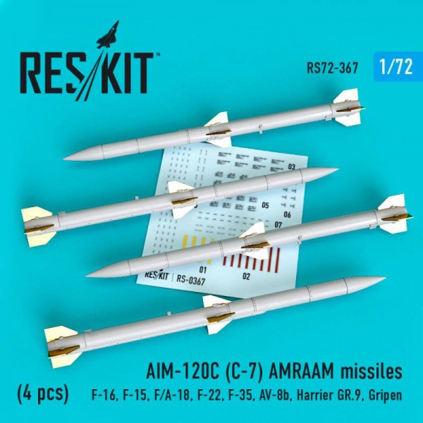 RS72-0367   AIM-120C (C-7) AMRAAM missiles (4 pcs) (F-16, F-15, F/A-18, F-22, F-35, AV-8b, Harrier GR.9, Gripen) (1/72) (thumb67231)