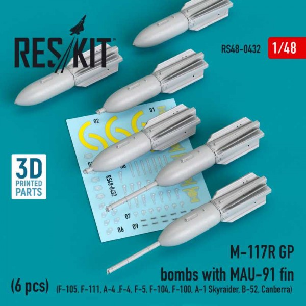 RS48-0432   M-117R GP bombs with MAU-91 fin (6 pcs) (F-105,F-111, A-4 ,F-4, F-5, F-104, F-100, A-1 Skyraider, B-52, Canberra) (3D Printing) (1/48) (thumb73144)