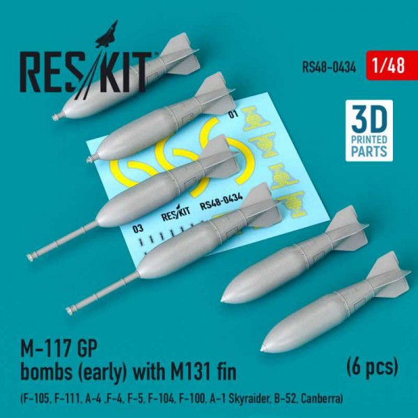 RS48-0434   M-117 GP bombs (early) with M131 fin (6 pcs) (F-105, F-111, A-4 ,F-4, F-5, F-104, F-100, A-1 Skyraider, B-52, Canberra) (3D Printing) (1/48) (thumb73146)