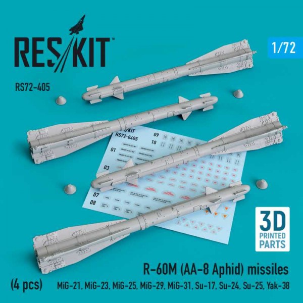 RS72-0405   R-60М (AA-8 Aphid) missiles (4 pcs) (MiG-21,MiG-23,MiG-25, MiG-29,MiG-31,Su-17,Su-24,Su-25,Yak-38) (3D printing) (1/72) (thumb73259)