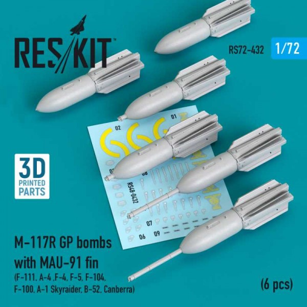 RS72-0432   M-117R GP bombs with MAU-91 fin (6 pcs) (F-105, F-111, A-4 ,F-4, F-5, F-104, F-100, A-1 Skyraider, B-52, Canberra) (3D Printing) (1/72) (thumb73292)