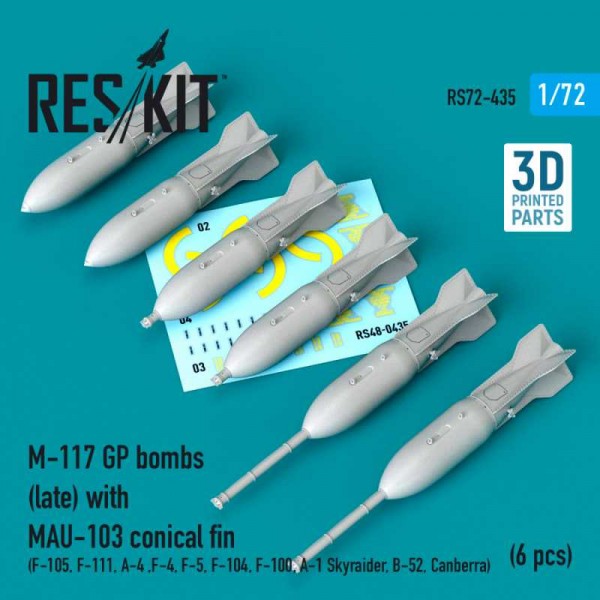 RS72-0435   M-117 GP bombs (late) with MAU-103 conical fin (6 pcs) (F-105, F-111, A-4 ,F-4, F-5, F-104, F-100, A-1 Skyraider, B-52, Canberra) (3D Printing) (1/72) (thumb73296)