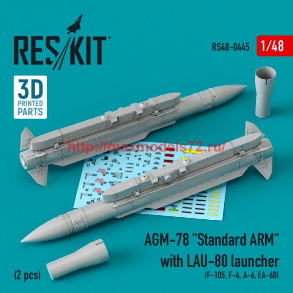 RS48-0445   AGM-78 "Standard ARM" with LAU-80 launcher (2 pcs) (F-105,F-4,A-6,EA-6B) (3D Printed) (1/48) (thumb75919)