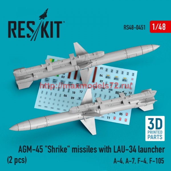 RS48-0451   AGM-45 "Shrike" missiles with LAU-34 launcher (2 pcs) (A-4, A-7, F-4, F-105) (3D Printed) (1/48) (thumb75929)