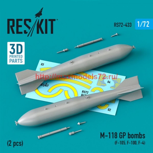 RS72-0433   M-118 GP bombs (2 pcs) (F-105, F-100, F-4) (3D Printed) (1/72) (thumb76000)