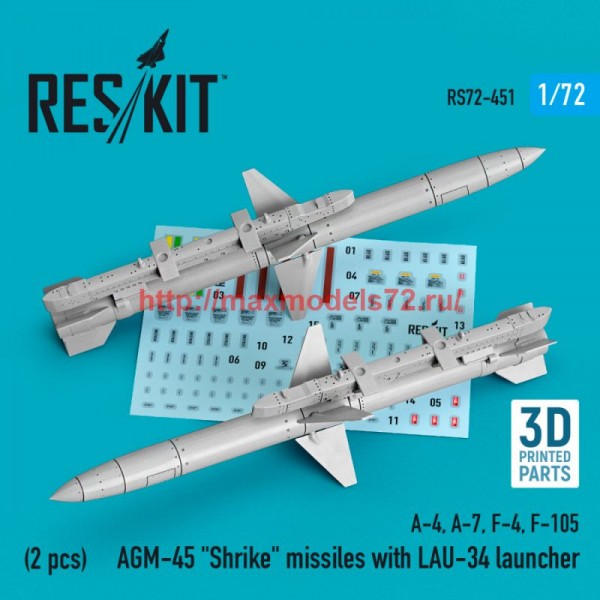 RS72-0451   AGM-45 "Shrike" missiles with LAU-34 launcher (2 pcs) (A-4, A-7, F-4, F-105) (3D Printed) (1/72) (thumb76020)