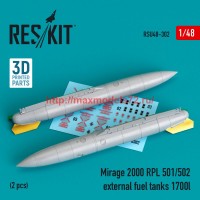 RSU48-0302   Mirage 2000 RPL 501/502 external fuel tanks 1700lt (2 pcs) (3D Printed) (1/48) (thumb75953)