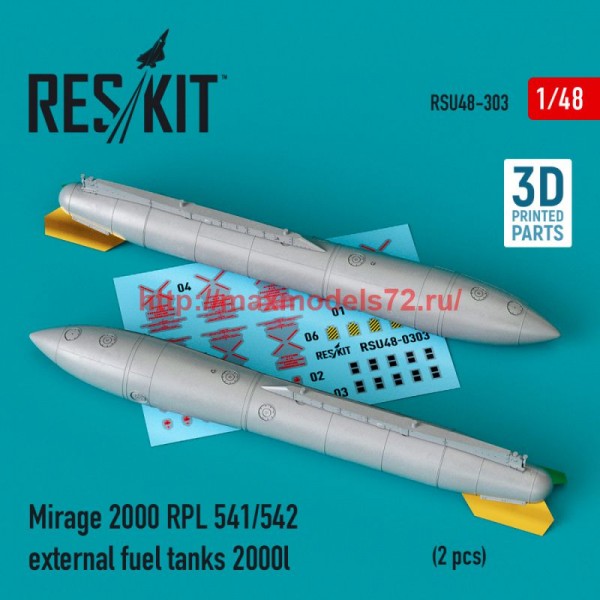 RSU48-0303   Mirage 2000 RPL 541/542 external fuel tanks 2000lt (2 pcs) (3D Printed) (1/48) (thumb75955)
