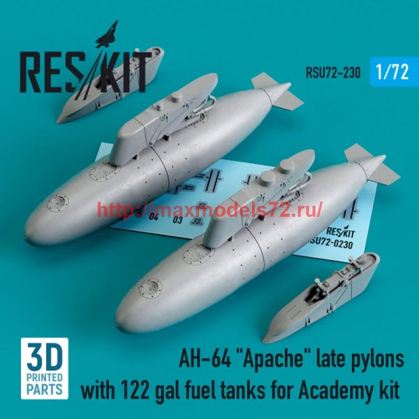 RSU72-0230   AH-64 "Apache" late pylons with 122 gal fuel tanks for Academy kit (3D Printed) (1/72) (thumb76049)