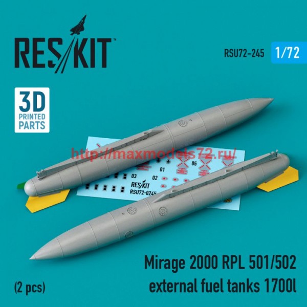 RSU72-0245   Mirage 2000 RPL 501/502 external fuel tanks 1700lt (2 pcs) (3D Printed) (1/72) (thumb76053)