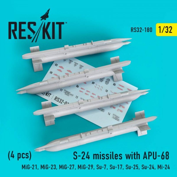 RS32-0180   S-24 missiles with APU-68 (4 pcs) (MiG-21, MiG-23, MiG-27, MiG-29, Su-7, Su-17, Su-25, Su-24, Mi-24) (1/32) (thumb76711)