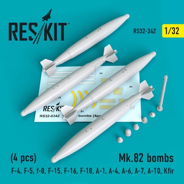 RS32-0342   Mk.82 bombs (4 pcs) (F-4, F-5, F-8, F-15, F-16, F-18, A-1, A-4, A-6, A-7, A-10, Kfir, AV-8) (1/32) (thumb76727)