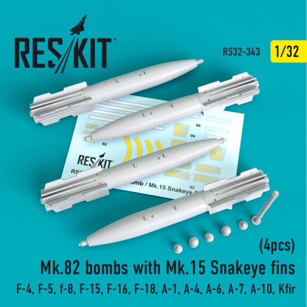 RS32-0343   Mk.82 bombs with Mk.15 Snakeye fins (4 pcs) (F-4, F-5, F-8, F-15, F-16, F-18, A-1, A-4, A-6, A-7, A-10, Kfir) (1/32) (thumb76729)