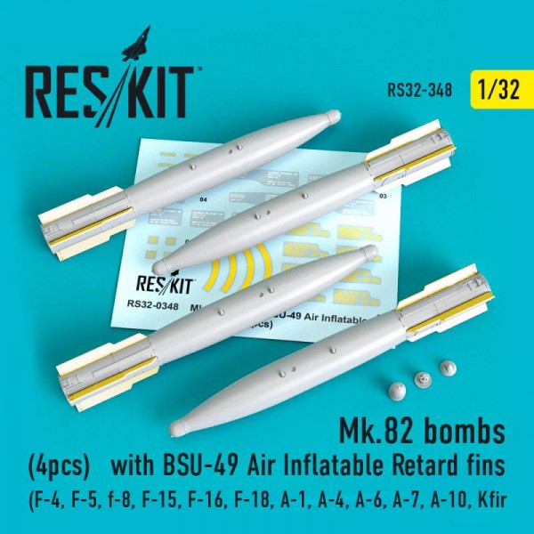 RS32-0348   Mk.82 bombs with BSU-49 Air Inflatable Retard fins (4 pcs) (F-15, F-16, F-111, A-10) (1/32) (thumb76739)