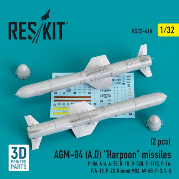 RS32-0416   AGM-84 (A,D) "Harpoon" missiles (2 pcs) (P-8A, A-6, A-7E, B-1B, B-52H, F-111C, F-16, F/A-18, F-20, Nimrod MR2, AV-8B, P-3, S-3) (3D Printed) (1/32) (thumb76804)