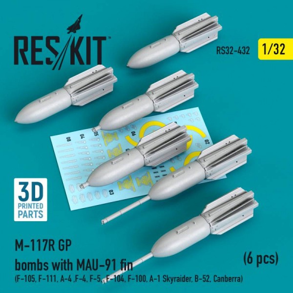 RS32-0432   M-117R GP bombs with MAU-91 fin (6 pcs) (F-105, F-111, A-4 ,F-4, F-5, F-104, F-100, A-1 Skyraider, B-52, Canberra) (3D Printed) (1/32) (thumb76826)