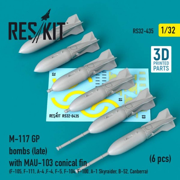 RS32-0435   M-117 GP bombs (late) with MAU-103 conical fin (6 pcs) (F-105, F-111, A-4 ,F-4, F-5, F-104, F-100, A-1 Skyraider, B-52, Canberra) (3D Printed) (1/32) (thumb76832)