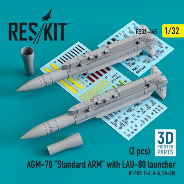 RS32-0445   AGM-78 "Standard ARM" with LAU-80 launcher (2 pcs) (F-105,F-4,A-6,EA-6B) (3D Printed) (1/32) (thumb76846)
