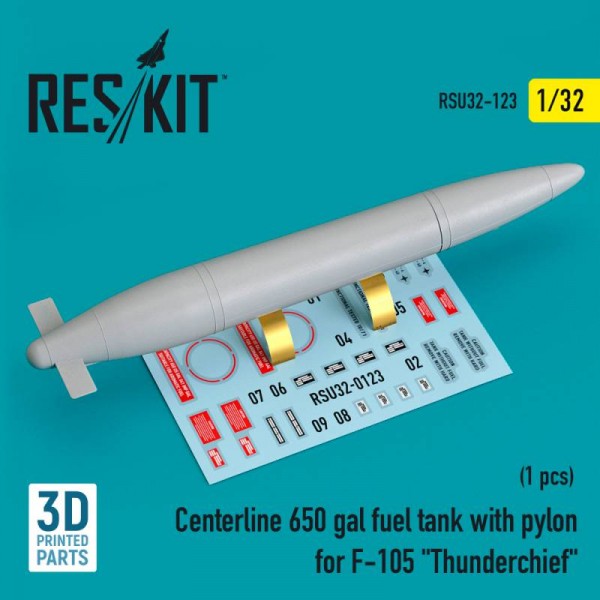 RSU32-0123   Centerline 650 gal fuel tank with pylons for F-105 "Thunderchief" (1 pcs) (3D Printed) (1/32) (thumb76968)
