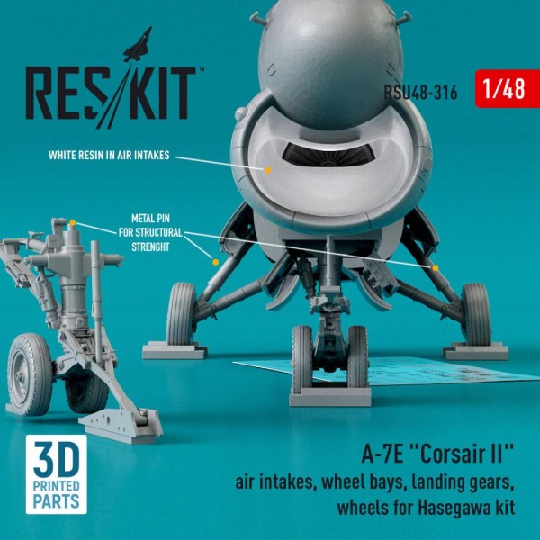 RSU48-0316   A-7E "Corsair II" air intakes, wheel bays, landing gears, wheels for Hasegawa kit (3D Printed) (1/48) (thumb79555)