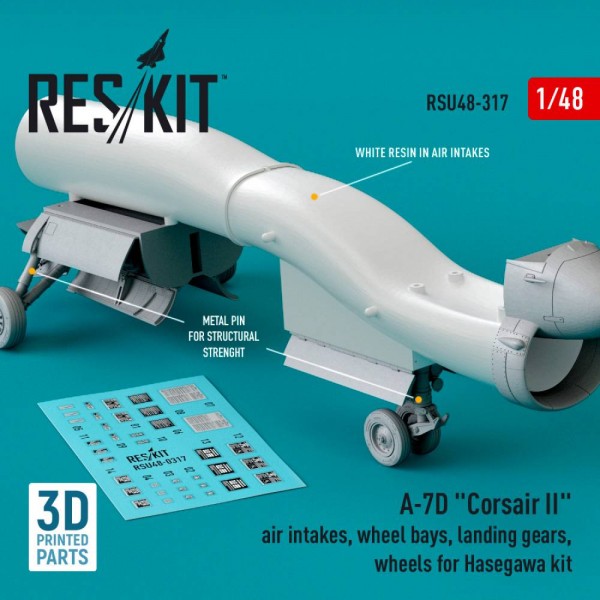 RSU48-0317   A-7D "Corsair II" air intakes, wheel bays, landing gears, wheels for Hasegawa kit (3D Printed) (1/48) (thumb79559)
