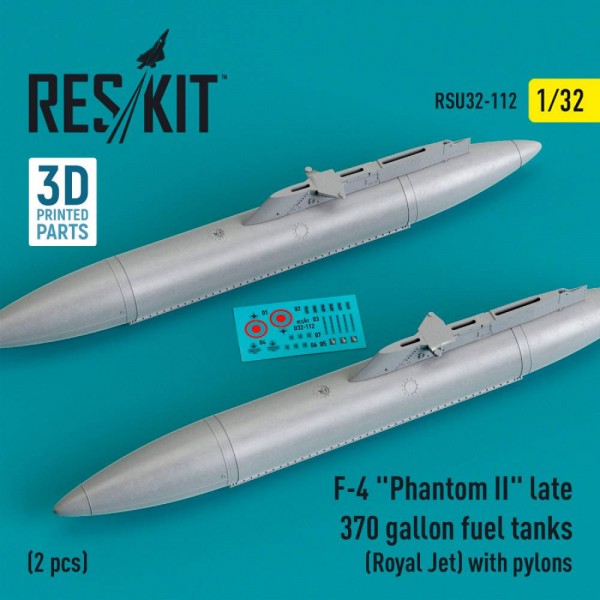 RSU32-0112   F-4 «Phantom II» late 370 gallon fuel tanks (Royal Jet) with pylons (2 pcs) (3D Printed) (1/32) (thumb79497)