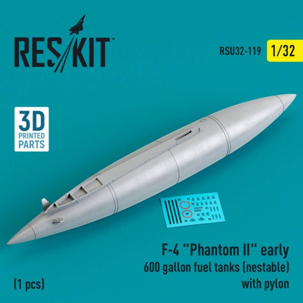 RSU32-0119   F-4 "Phantom II" early 600 gallon fuel tanks (nestable) with pylon (1 pcs) (3D Printed) (1/32) (thumb79503)