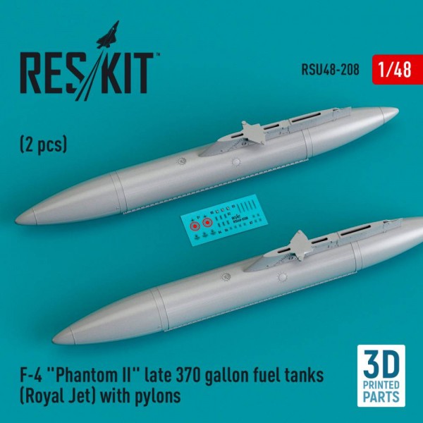 RSU48-0208   F-4 "Phantom II" late 370 gallon fuel tanks (Royal Jet) with pylons (2 pcs) (3D Printed) (1/48) (thumb79536)