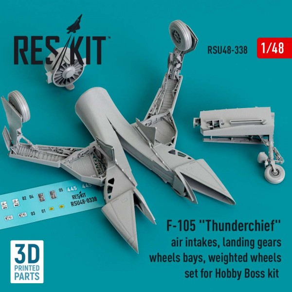 RSU48-0338   F-105 "Thunderchief" air intakes, landing gears with wheels bays and weighted wheels set for Hobby Boss kit (3D Printed) (1/48) (thumb83805)