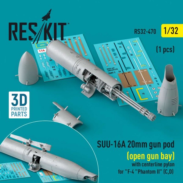 RS32-0470   SUU-16A 20mm gun pod (open gun bay) with centerline pylon for "F-4 "Phantom II" (C,D)  (1 pcs) (3D Printed) (1/32) (thumb83603)