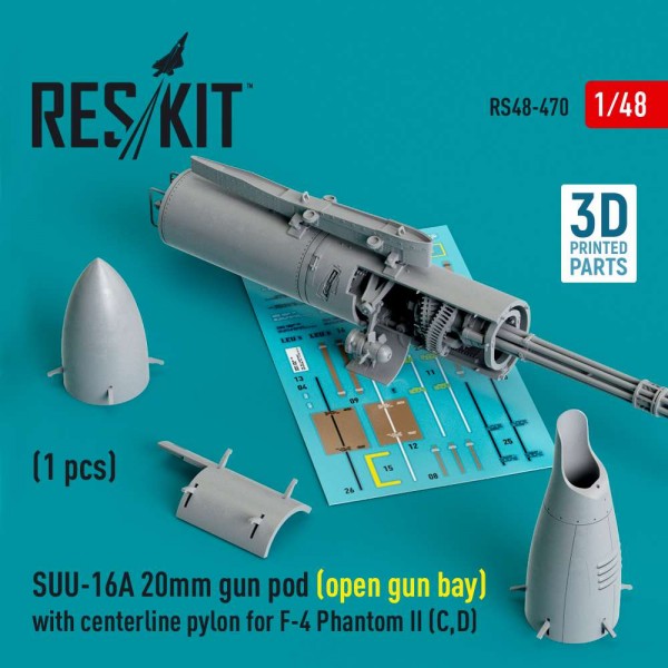 RS48-0470   SUU-16A 20mm gun pod (open gun bay) with centerline pylon for F-4 Phantom II (C,D) (1 pcs) (3D Printed) (1/48) (thumb83740)