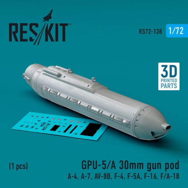 RS72-0138   GPU-5/A 30mm gun pod (1 pcs) (A-4, A-7, AV-8B, F-4, F-5A, F-16, F/A-18) (3D Printed) (1/72) (thumb83890)