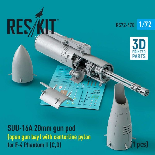 RS72-0470   SUU-16A 20mm gun pod (open gun bay) with centerline pylon for F-4 Phantom II (C,D) (1 pcs) (3D Printed) (1/72) (thumb83934)