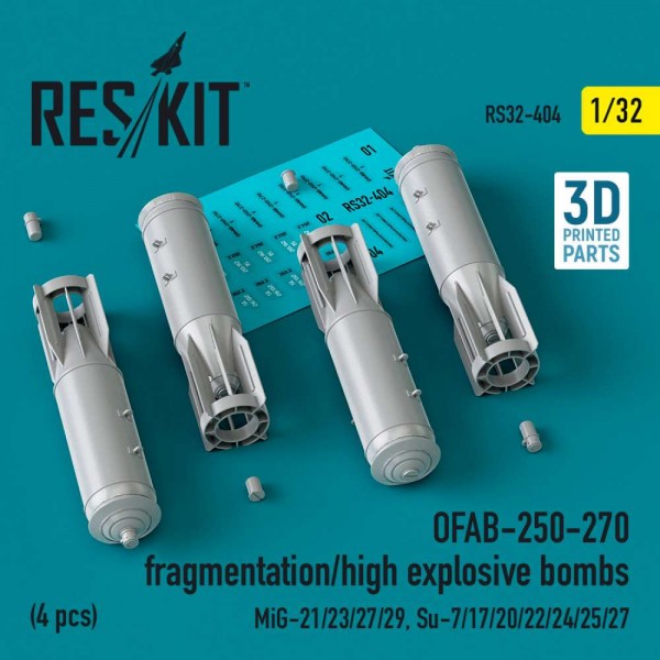 RS32-0404   OFAB-250-270 fragmentation/high explosive bombs (4 pcs) (MiG-21/23/27/29, Su-7/17/20/22/24/25/27) (3D Printed) (1/32) (thumb83574)