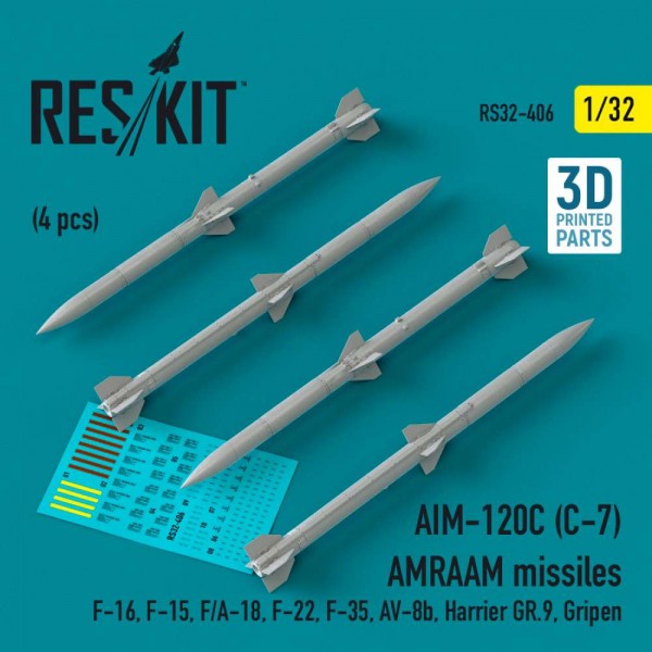 RS32-0406   AIM-120C (C-7) AMRAAM missiles (4 pcs) (F-16, F-15, F/A-18, F-22, F-35, AV-8b, Harrier GR.9, Gripen) (3D Printed) (1/32) (thumb83576)