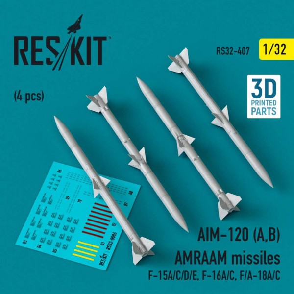 RS32-0407   AIM-120 (A,B) AMRAAM missiles (4 pcs) (F-15A/C/D/E, F-16A/C, F/A-18A/C) (3D Printed) (1/32) (thumb83578)