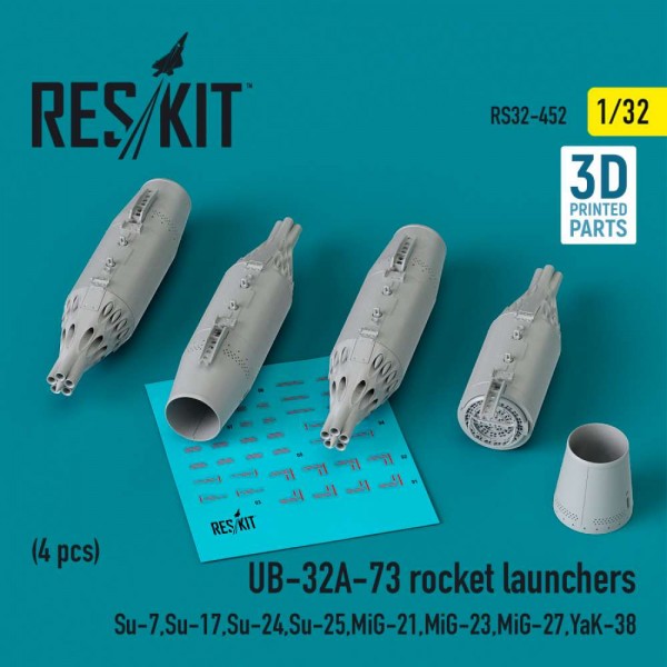 RS32-0452   UB-32A-73 rocket launchers (4 pcs) (Su-7, Su-17, Su-24, Su-25, MiG-21, MiG-23, MiG-27, YaK-38) (3D Printed) (1/32) (thumb83586)