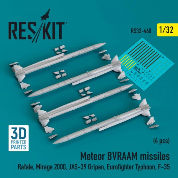 RS32-0460   Meteor BVRAAM missiles (4 pcs) (Rafale, Mirage 2000, JAS-39 Gripen, Eurofighter Typhoon, F-35) (3D Printed) (1/32) (thumb83588)