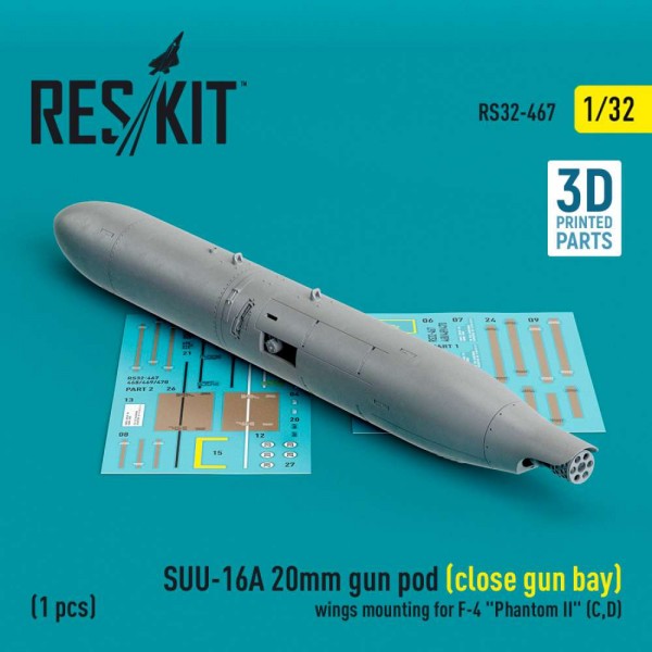 RS32-0467   SUU-16A 20mm gun pod (close gun bay)  wings mounting for F-4 "Phantom II" (C,D) (1 pcs) (3D Printed) (1/32) (thumb83596)