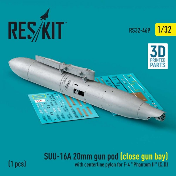 RS32-0469   SUU-16A 20mm gun pod (close gun bay) with centerline pylon for F-4 "Phantom II" (C,D) (1 pcs) (3D Printed) (1/32) (thumb83601)