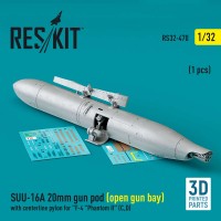 RS32-0470   SUU-16A 20mm gun pod (open gun bay) with centerline pylon for «F-4 «Phantom II» (C,D)  (1 pcs) (3D Printed) (1/32) (attach1 83603)