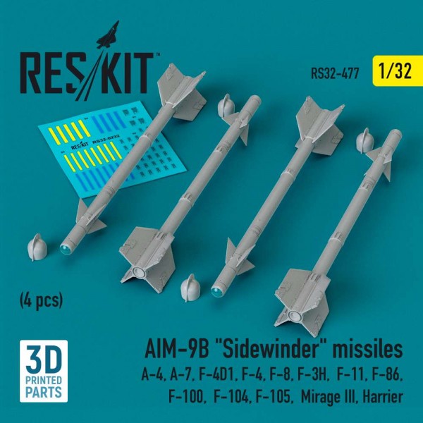 RS32-0477   AIM-9B "Sidewinder" missiles (4 pcs) (A-4, A-7, F-4D1, F-4, F-8, F-3H,  F-11, F-86,F-100,  F-104, F-105,  Mirage III, Harrier) (3D Printed) (1/32) (thumb83611)