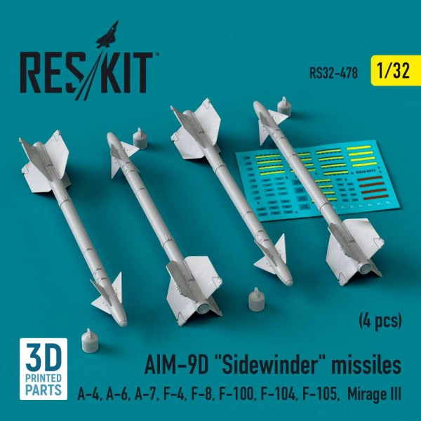 RS32-0478   AIM-9D "Sidewinder" missiles (4 pcs) (A-4, A-6, A-7, F-4, F-8, F-100, F-104, F-105,  Mirage III) (3D Printed) (1/32) (thumb83613)