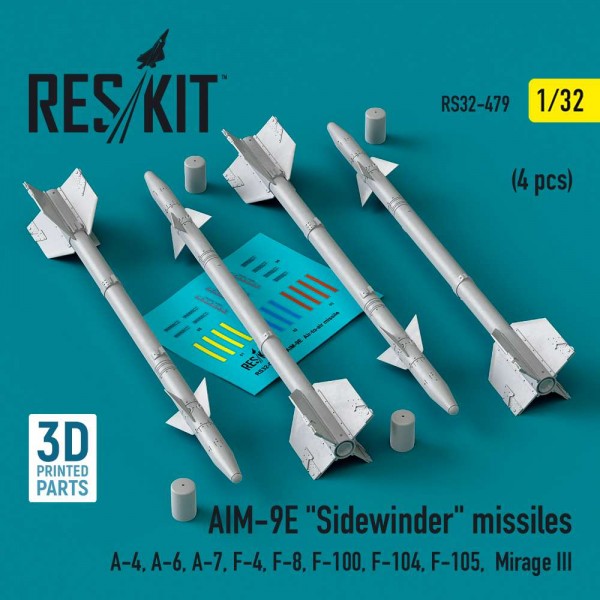 RS32-0479   AIM-9E «Sidewinder» missiles (4 pcs) (A-4, A-6, A-7, F-4, F-8, F-100, F-104, F-105,  Mirage III) (3D Printed) (1/32) (thumb83615)