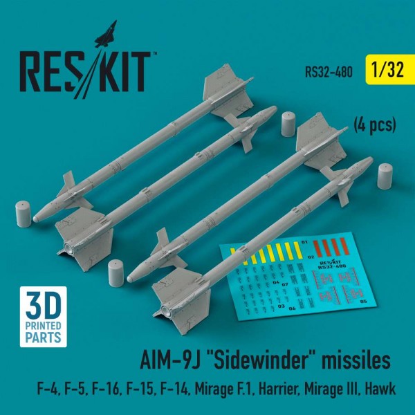 RS32-0480   AIM-9J "Sidewinder" missiles (4 pcs) (F-4, F-5, F-16, F-15, F-14, Mirage F.1, Harrier, Mirage III, Hawk) (3D Printed) (1/32) (thumb83617)