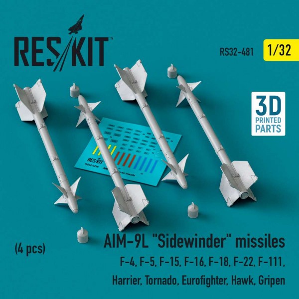 RS32-0481   AIM-9L «Sidewinder» missiles (4 pcs) (F-4, F-5, F-15, F-16, F-18, F-22, F-111, Harrier, Tornado, Eurofighter, Hawk, Gripen) (3D Printed) (1/32) (thumb83619)