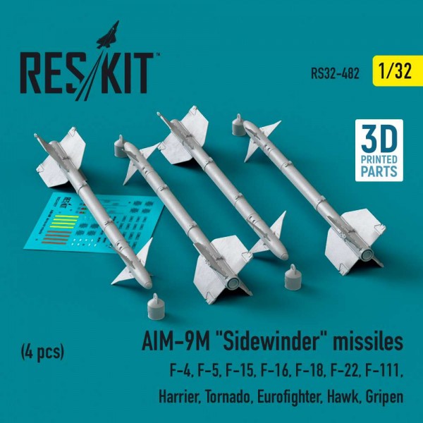 RS32-0482   AIM-9M «Sidewinder» missiles (4 pcs)  (F-4, F-5, F-15, F-16, F-18, F-22, F-111, Harrier, Tornado, Eurofighter, Hawk, Gripen) (3D Printed) (1/32) (thumb83621)